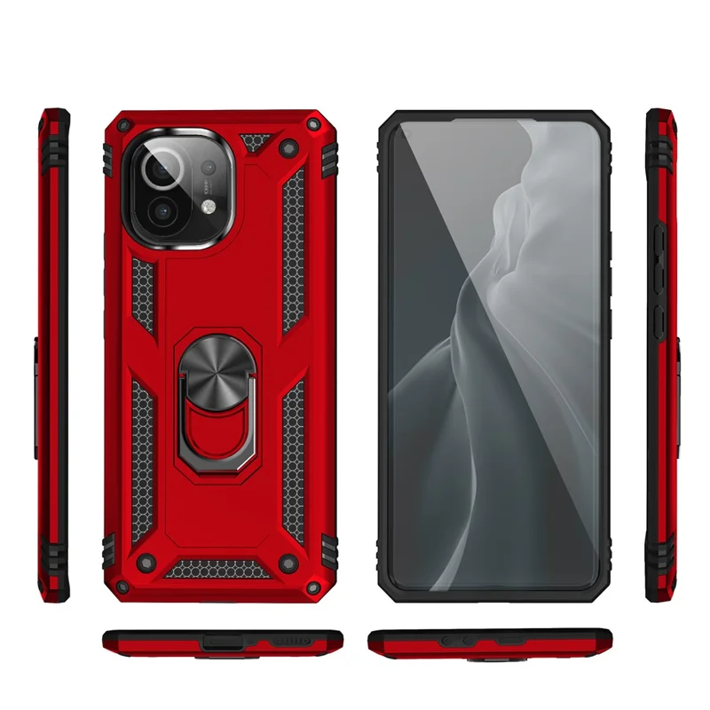 Hybrid PC + TPU Phone Case Shell Anti-Fall Finger Ring Kickstand for Xiaomi Mi 11 - Red