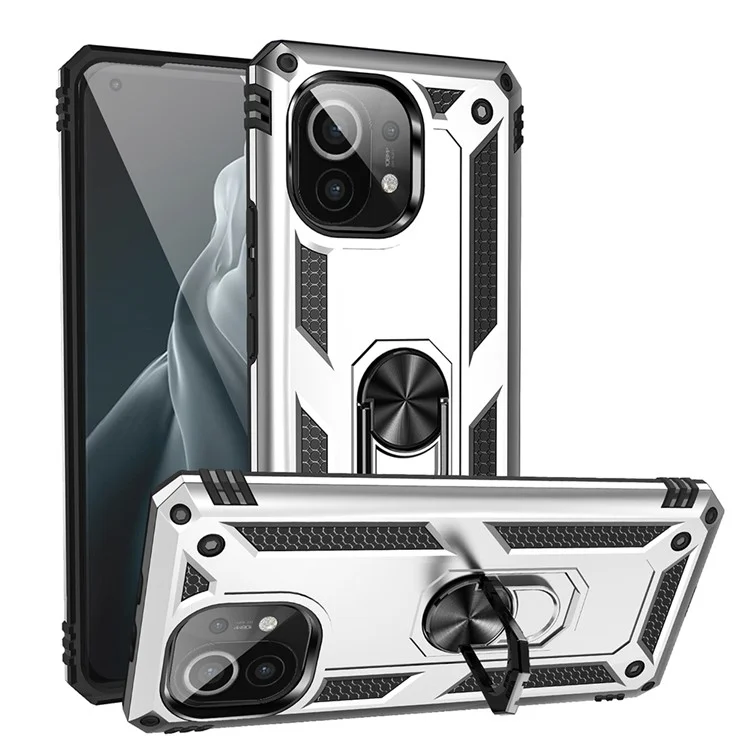 Coque de téléphone portable hybride PC + TPU avec anneau de maintien anti-chute et support intégré pour Xiaomi Mi 11 - Argent