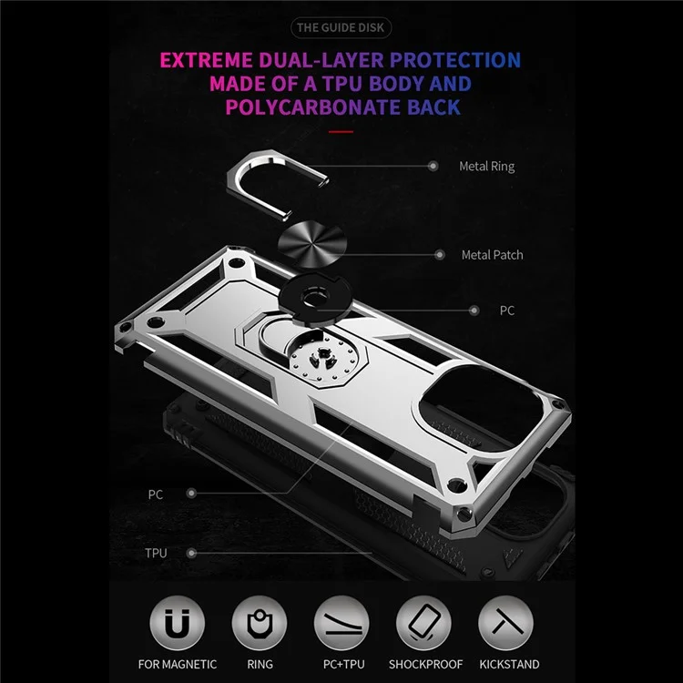 Coque de téléphone portable hybride PC + TPU avec anneau de maintien anti-chute et support intégré pour Xiaomi Mi 11 - Argent