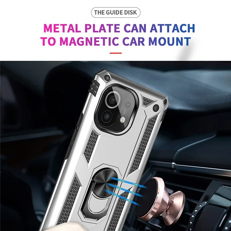 Coque de téléphone portable hybride PC + TPU avec anneau de maintien anti-chute et support intégré pour Xiaomi Mi 11 - Argent