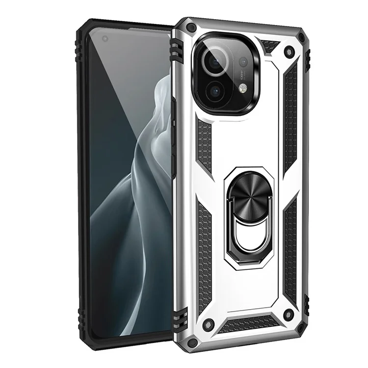 Coque de téléphone portable hybride PC + TPU avec anneau de maintien anti-chute et support intégré pour Xiaomi Mi 11 - Argent