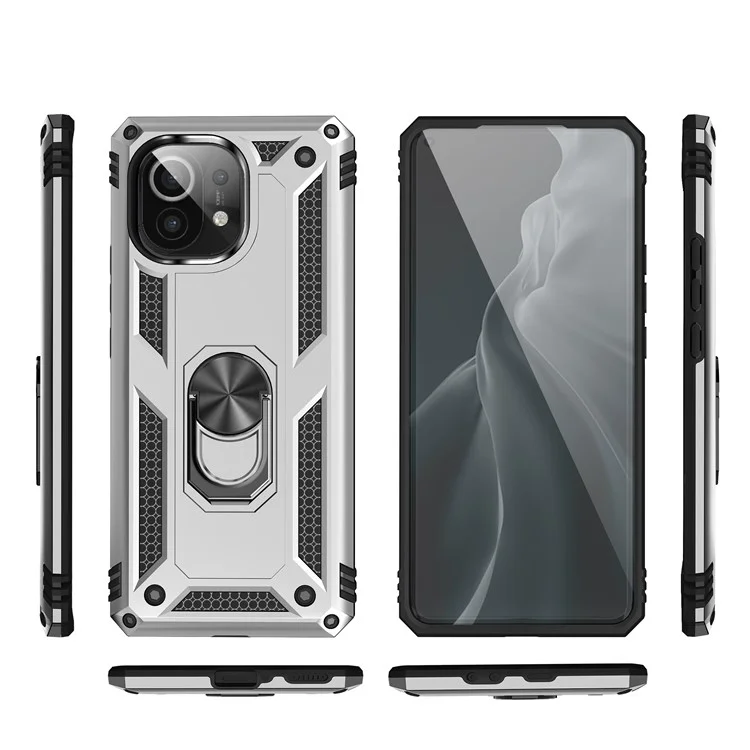Coque de téléphone portable hybride PC + TPU avec anneau de maintien anti-chute et support intégré pour Xiaomi Mi 11 - Argent