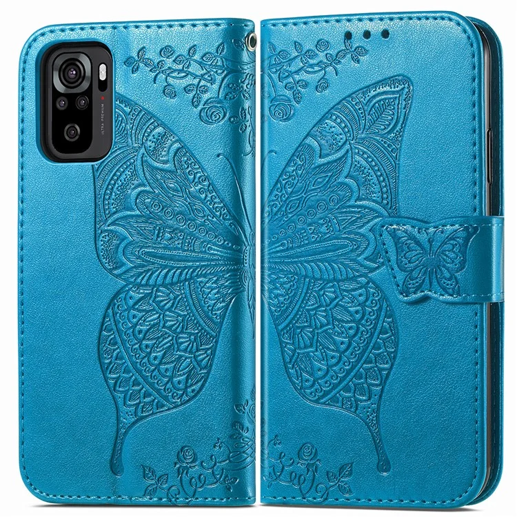 Empreinte Big Butterfly le Cuir Portefeuille Shell Téléphone Pour Xiaomi Redmi Note 10 4G / Redmi Note 10s - Bleu