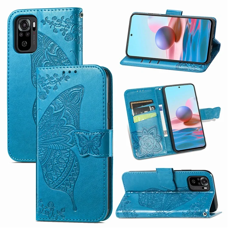 Empreinte Big Butterfly le Cuir Portefeuille Shell Téléphone Pour Xiaomi Redmi Note 10 4G / Redmi Note 10s - Bleu