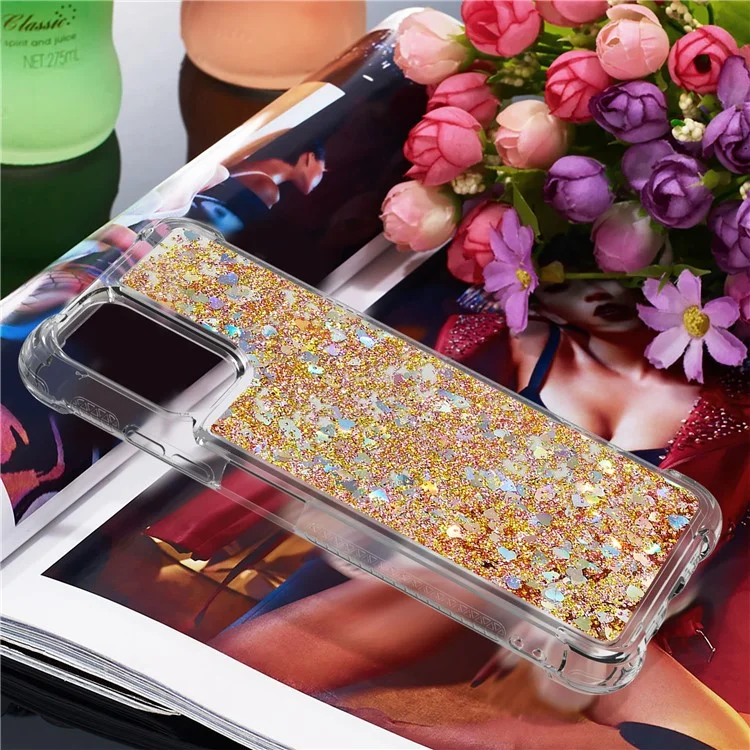 For Xiaomi Redmi Note 10S 4G /  Note 10 4G / Poco M5s 4G / Poco M5s 4G Dynamic Quicksand Shock-absorbing TPU Casing Cover - Gold Hearts