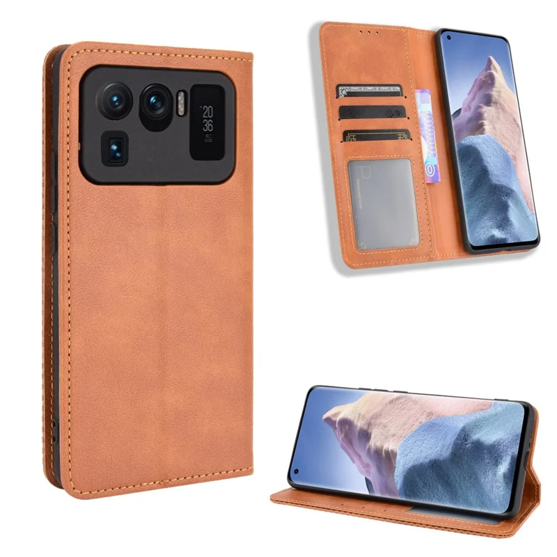Magnetic Closure Vintage Style Phone Case Wallet Stand Leather Cover for Xiaomi Mi 11 Ultra - Brown