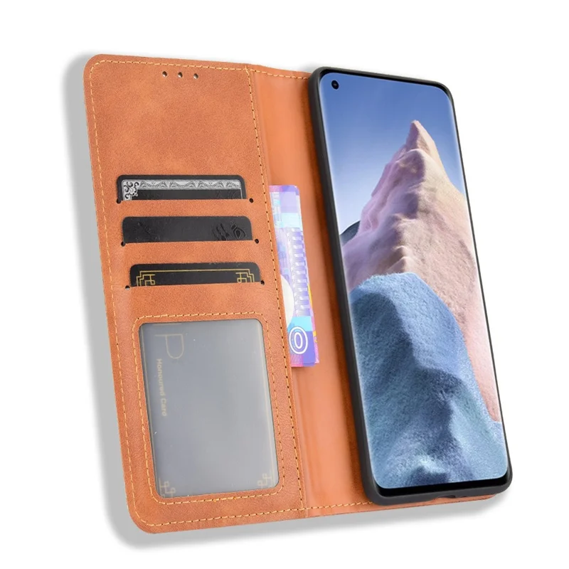 Magnetic Closure Vintage Style Phone Case Wallet Stand Leather Cover for Xiaomi Mi 11 Ultra - Brown