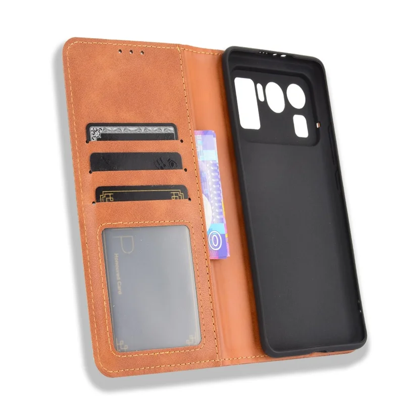 Magnetic Closure Vintage Style Phone Case Wallet Stand Leather Cover for Xiaomi Mi 11 Ultra - Brown