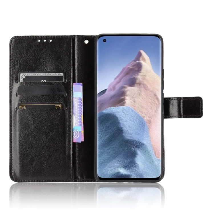 Crazy Horse Wallet Stand Кожаный Чехол с Ремешком Для Xiaomi Mi 11 Ultra - Черный