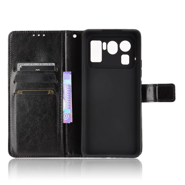 Crazy Horse Wallet Stand Кожаный Чехол с Ремешком Для Xiaomi Mi 11 Ultra - Черный