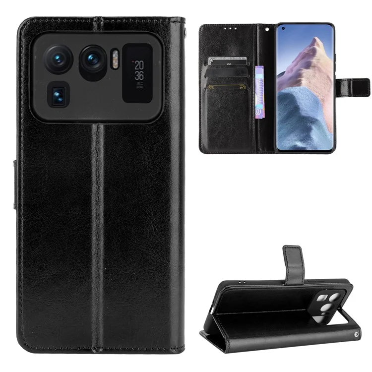 Crazy Horse Wallet Stand Кожаный Чехол с Ремешком Для Xiaomi Mi 11 Ultra - Черный