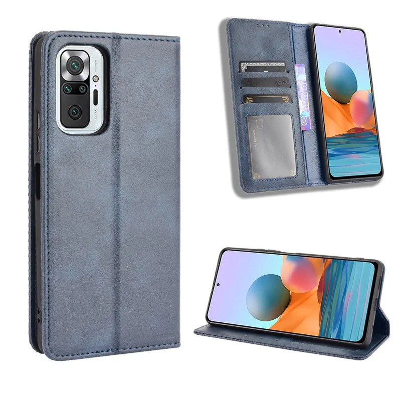 Magnetic Closure Vintage Style Phone Case Wallet Stand Leather Cover for Xiaomi Note 10 Pro 4G/Note 10 Pro Max 4G - Blue