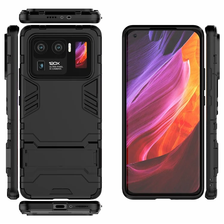 2 in 1 Hybrid Phone Protector Full Protection Cover Case with Kickstand Design for Xiaomi Mi 11 Ultra - Black