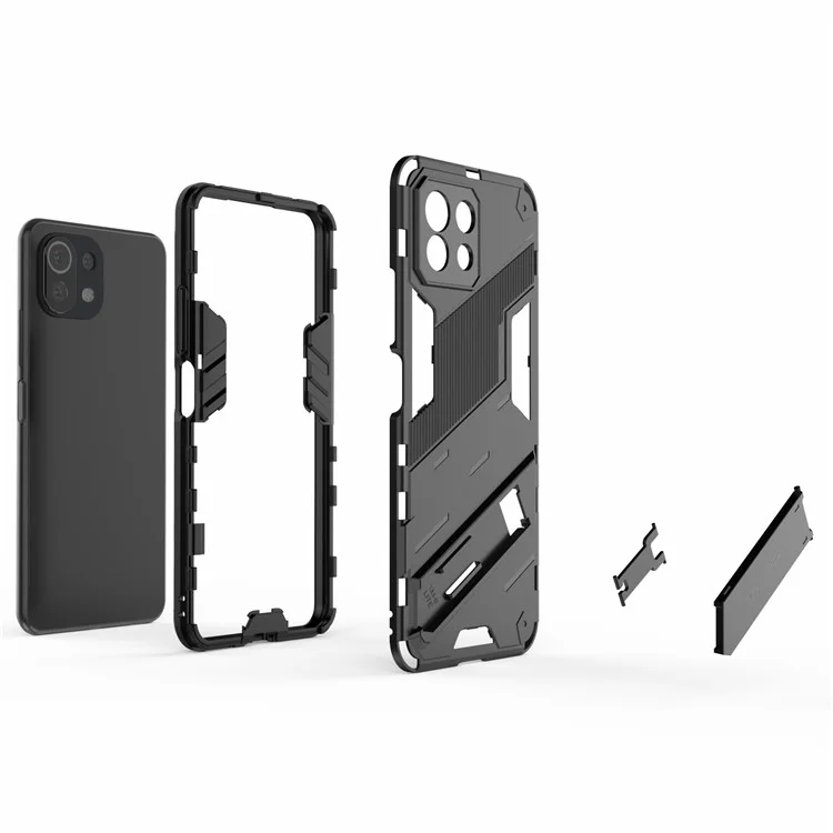 Foldable Kickstand Shockproof PC + TPU Hybrid Phone Case Cover for Xiaomi Mi 11 Lite 4G / 5G / 11 Lite 5G NE - Black