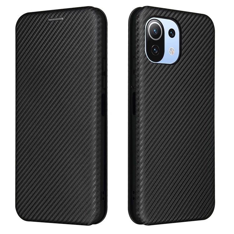 Para Xiaomi Mi 11 Lite 4G/5G / 11 Lite 5G NE Textura de fibra de carbono Funda de teléfono de piel magnética con absorción automática con ranura para tarjeta - Negro