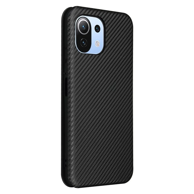 Para Xiaomi Mi 11 Lite 4G/5G / 11 Lite 5G NE Textura de fibra de carbono Funda de teléfono de piel magnética con absorción automática con ranura para tarjeta - Negro