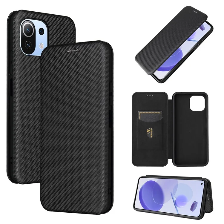 Para Xiaomi Mi 11 Lite 4G/5G / 11 Lite 5G NE Textura de fibra de carbono Funda de teléfono de piel magnética con absorción automática con ranura para tarjeta - Negro