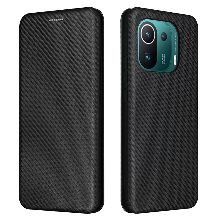 Textura De Fibra De Carbono Auto-absorção De Couro De Suporte De Couro Capa Com Slot Para Cartão Para Xiaomi Mi 11 Pro - Preto