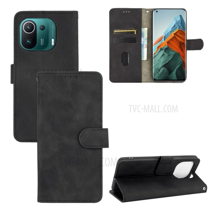 Skin Toucha Sentindo Couro Protetor Carteira Stand Folio Flip Tampo Para Xiaomi Mi 11 Pro - Preto