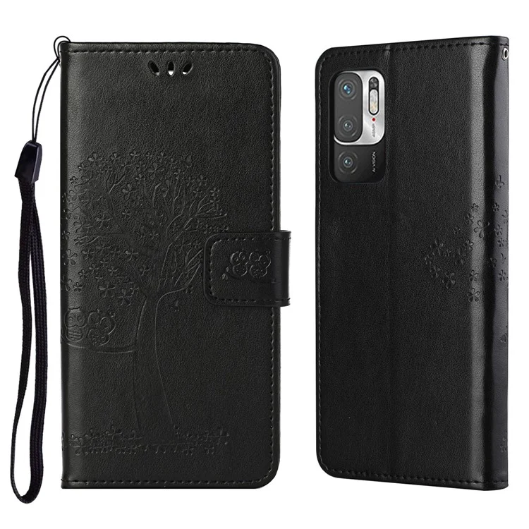 Owl Tree Pattern Imprint Leather Wallet Stand Phone Cover Case for Xiaomi Redmi Note 10 5G/Poco M3 Pro 5G/4G - Black
