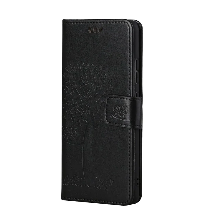 Owl Tree Pattern Imprint Leather Wallet Stand Phone Cover Case for Xiaomi Redmi Note 10 5G/Poco M3 Pro 5G/4G - Black