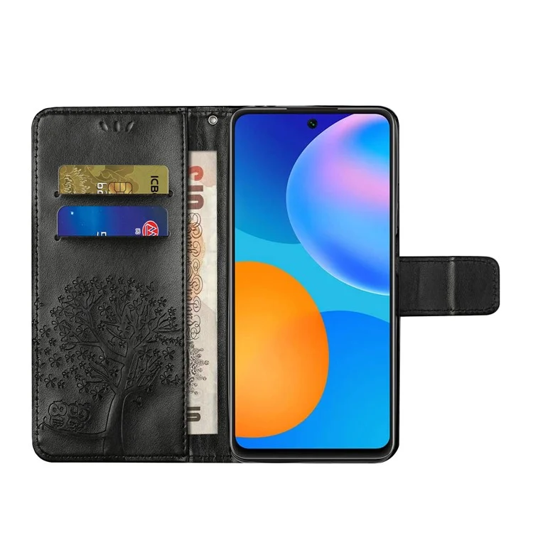 Owl Tree Pattern Imprint Leather Wallet Stand Phone Cover Case for Xiaomi Redmi Note 10 5G/Poco M3 Pro 5G/4G - Black