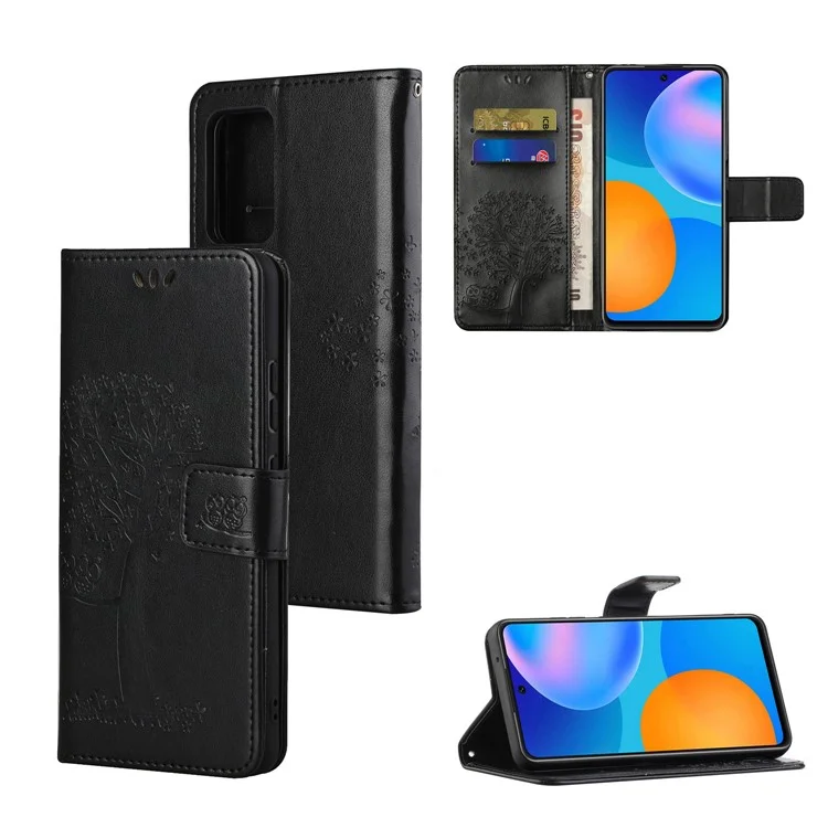 Owl Tree Pattern Imprint Leather Wallet Stand Phone Cover Case for Xiaomi Redmi Note 10 5G/Poco M3 Pro 5G/4G - Black