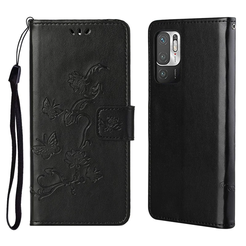 Imprint Butterfly Flower Leather Wallet Stand Case Cover for Xiaomi Redmi Note 10 5G/Poco M3 Pro 5G/4G - Black