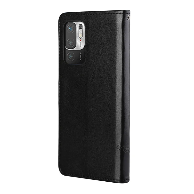 Imprint Butterfly Flower Leather Wallet Stand Case Cover for Xiaomi Redmi Note 10 5G/Poco M3 Pro 5G/4G - Black