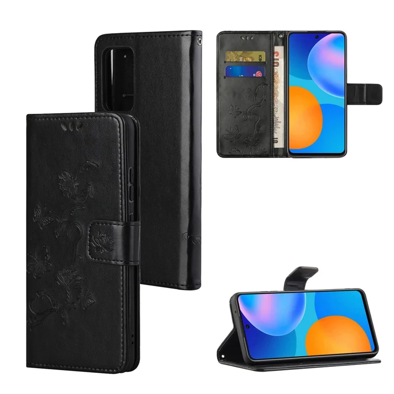 Imprint Butterfly Flower Leather Wallet Stand Case Cover for Xiaomi Redmi Note 10 5G/Poco M3 Pro 5G/4G - Black