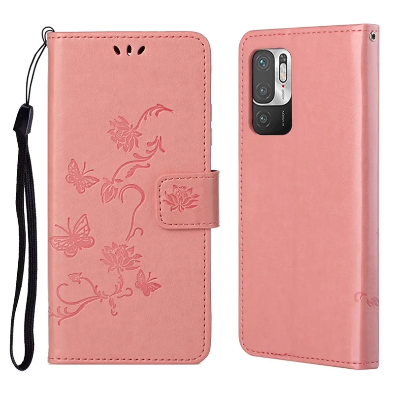 Imprint Butterfly Flower Leather Wallet Stand Case Cover for Xiaomi Redmi Note 10 5G/Poco M3 Pro 5G/4G - Pink