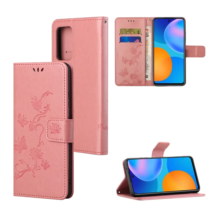 Imprint Butterfly Flower Leather Wallet Stand Case Cover for Xiaomi Redmi Note 10 5G/Poco M3 Pro 5G/4G - Pink