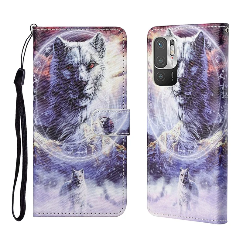 3D Pattern Printing Cross Texture Leather Wallet Stand Protective Phone Case Shell for Xiaomi Redmi Note 10 5G/Poco M3 Pro 5G/4G - Wolf