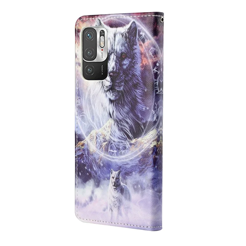 3D Pattern Printing Cross Texture Leather Wallet Stand Protective Phone Case Shell for Xiaomi Redmi Note 10 5G/Poco M3 Pro 5G/4G - Wolf