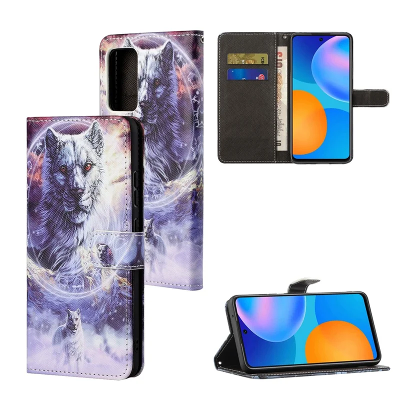 3D Pattern Printing Cross Texture Leather Wallet Stand Protective Phone Case Shell for Xiaomi Redmi Note 10 5G/Poco M3 Pro 5G/4G - Wolf