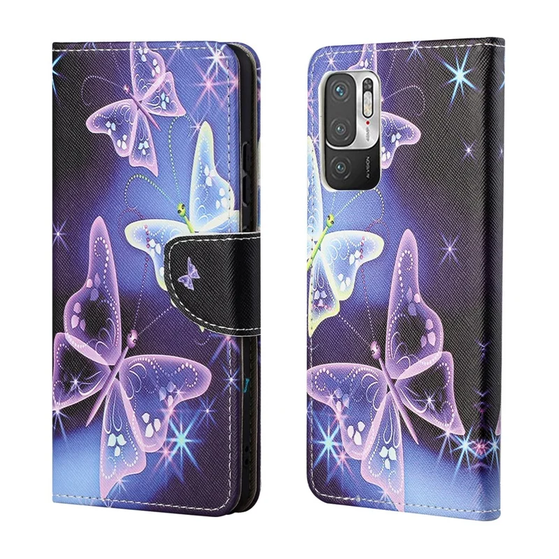 Pattern Printing Cross Texture Wallet Stand Design Leather Phone Case Shell for Xiaomi Redmi Note 10 5G/Poco M3 Pro 5G/4G - Beautiful Butterfly