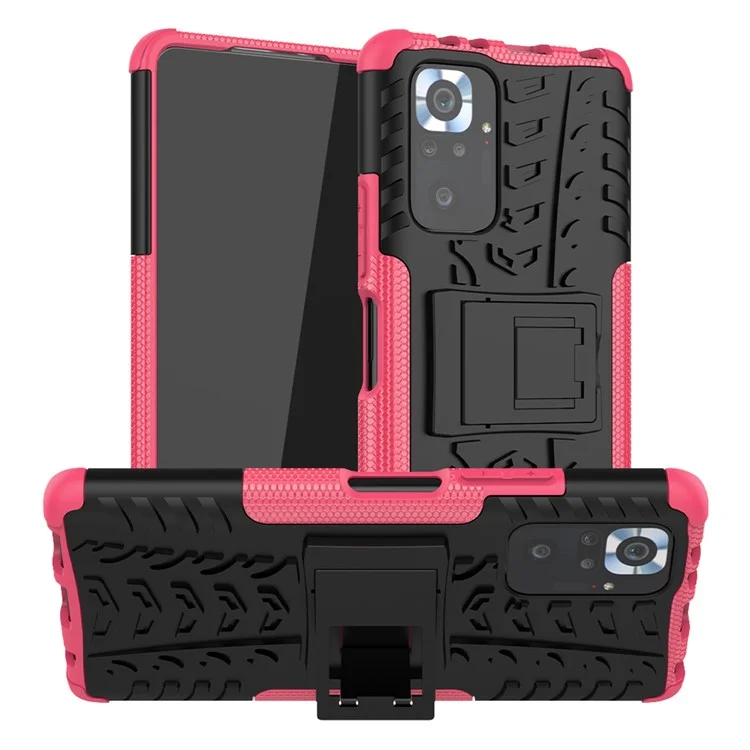 Kickstand Design 2-en-1 Tyre Pattern PC + TPU Funda Trasera de Teléfono para Xiaomi Redmi Note 10 Pro - Rose
