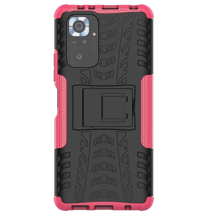 Kickstand Design 2-en-1 Tyre Pattern PC + TPU Funda Trasera de Teléfono para Xiaomi Redmi Note 10 Pro - Rose