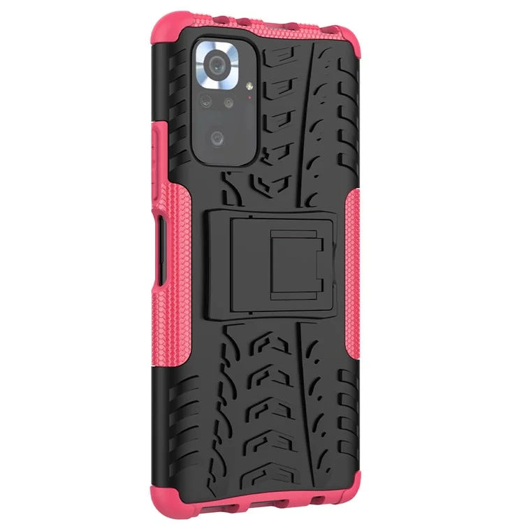 Kickstand Design 2-en-1 Tyre Pattern PC + TPU Funda Trasera de Teléfono para Xiaomi Redmi Note 10 Pro - Rose