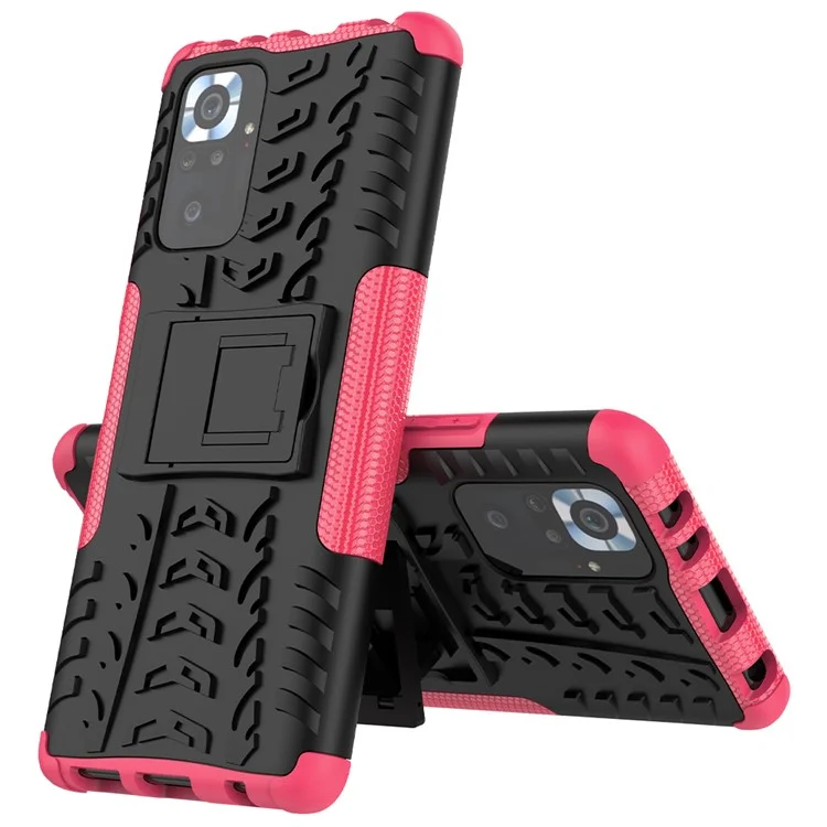 Kickstand Design 2-en-1 Tyre Pattern PC + TPU Funda Trasera de Teléfono para Xiaomi Redmi Note 10 Pro - Rose