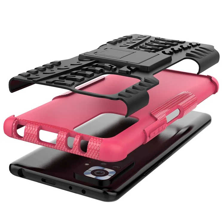 Kickstand Design 2-en-1 Tyre Pattern PC + TPU Funda Trasera de Teléfono para Xiaomi Redmi Note 10 Pro - Rose