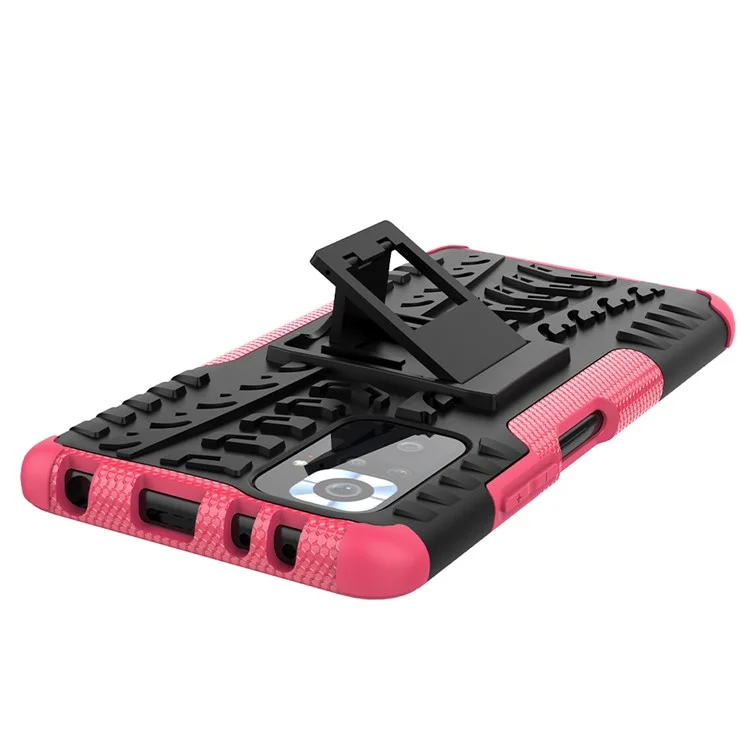 Kickstand Design 2-en-1 Tyre Pattern PC + TPU Funda Trasera de Teléfono para Xiaomi Redmi Note 10 Pro - Rose