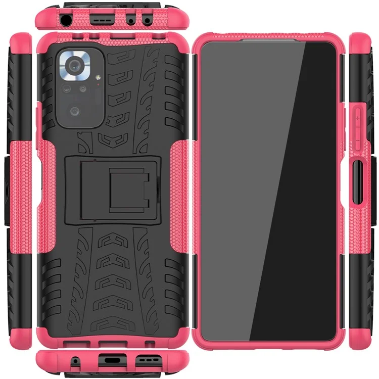 Kickstand Design 2-en-1 Tyre Pattern PC + TPU Funda Trasera de Teléfono para Xiaomi Redmi Note 10 Pro - Rose