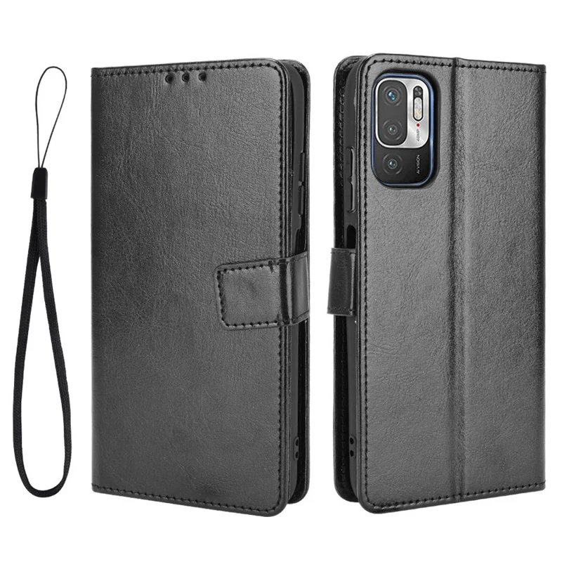 Crazy Horse Skin Portefeuille Shell en Cuir Coque Avec Sangle Pour Xiaomi Redmi Note 10 5g / Poco M3 Pro 5g / 4g - le Noir
