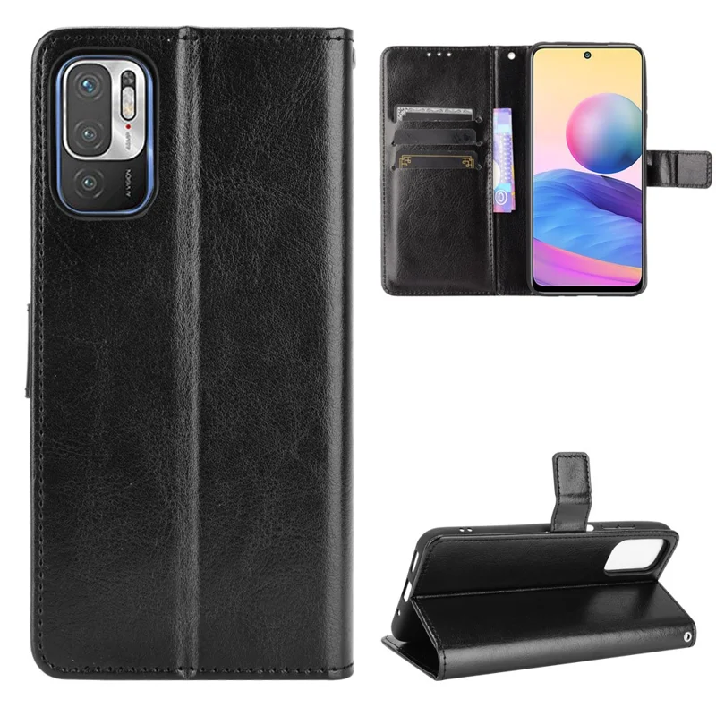 Crazy Horse Skin Portefeuille Shell en Cuir Coque Avec Sangle Pour Xiaomi Redmi Note 10 5g / Poco M3 Pro 5g / 4g - le Noir