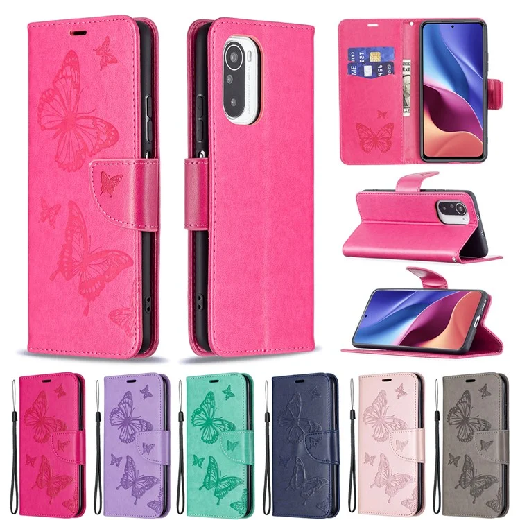 Imprint Butterflies Portafoglio Floro Stand in Pelle Custodia Per Xiaomi Mi 11i / Poco F3 / Redmi K40 Pro / Redmi K40 / Redmi K40 Pro+ - Blu Scuro