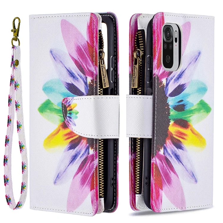 Для Xiaomi Redmi Note 10 4G / Redmi Note 10S 4G / Poco M5s 4G BF03 Pattern Printing Zipper Wallet Leather Cover Case - Colorful Flower