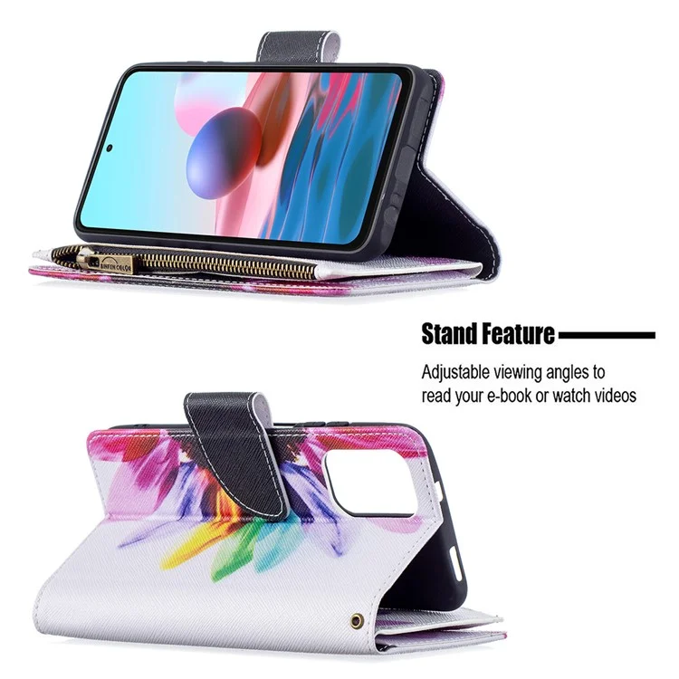 Для Xiaomi Redmi Note 10 4G / Redmi Note 10S 4G / Poco M5s 4G BF03 Pattern Printing Zipper Wallet Leather Cover Case - Colorful Flower