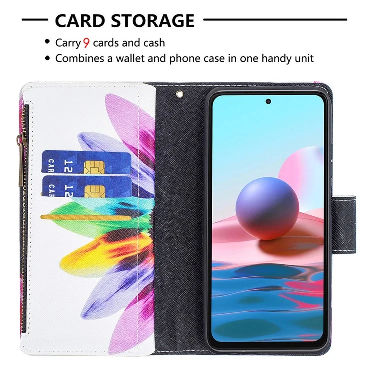 Для Xiaomi Redmi Note 10 4G / Redmi Note 10S 4G / Poco M5s 4G BF03 Pattern Printing Zipper Wallet Leather Cover Case - Colorful Flower