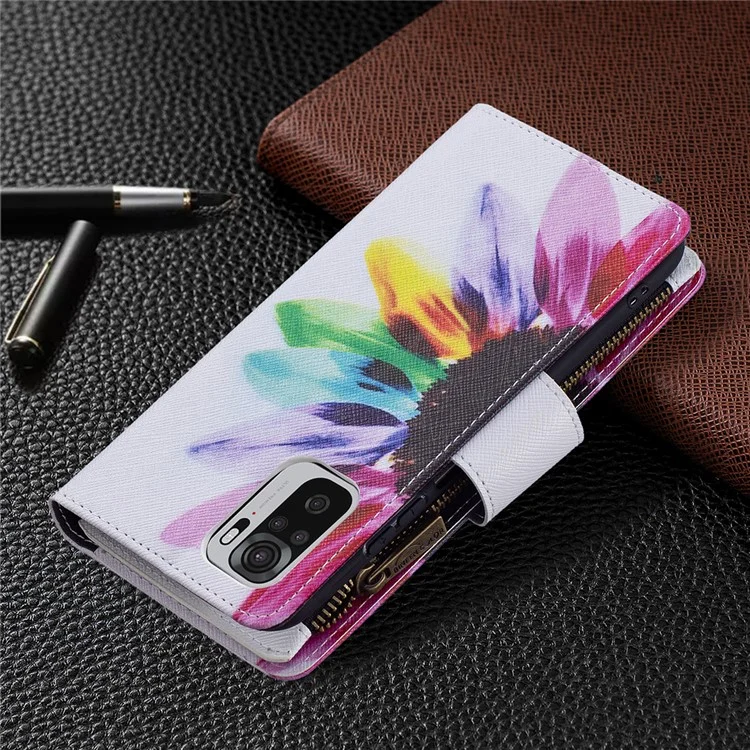 Для Xiaomi Redmi Note 10 4G / Redmi Note 10S 4G / Poco M5s 4G BF03 Pattern Printing Zipper Wallet Leather Cover Case - Colorful Flower